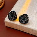 Elegant black flower stud earrings with deep blue crystals and silver needles - Black Flower Blue Diamond Studs (40#)