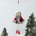 Close-up of plush Christmas angel doll ornament with red coat and grey snowflake scarf - White Hat Long Leg Angel Pendant