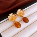 Macro shot of gold flower stud earrings with amber oval resin drops in jewelry box - Brown Resin Flower Dangle