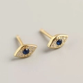 Golden S925 sterling silver evil eye stud earrings with blue sapphire and micro zircons - Stud Earrings / Gold