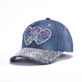 Blue denim baseball cap with glitter hearts and rhinestone-encrusted brim for women - 3-Heart Colorful Rhinestone-Dark Blue