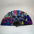 Graffiti street style folding fan with purple and blue skull pattern on black bamboo ribs - Graffiti Headphone Skull A9