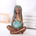 Bronze Gaia Earth Mother goddess figurine holding blue globe ornament for desktop - Mother Earth Large