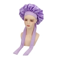 Elastic satin bonnet in purple with long wide ribbons shown on a head mannequin - One Size / Taro Purple