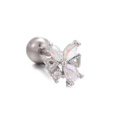 Silver flower ear stud featuring teardrop synthetic opals and clear cubic zirconia stones - Butterfly Shape (EGD0830) / Silver