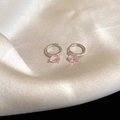 Detailed macro view of elegant Korean style hoop earrings with sparkling pink zircon stones - Round Zirconia Ear Buckle Style (36#) / Silver Pink