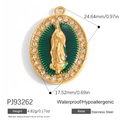 18K gold-plated stainless steel oval pendant with Virgin Mary icon and green inlay - Dark Green Base Gold Virgin Mary Oval Rhinestone Pendant (PJ93262)