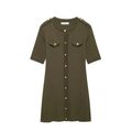 Army green short sleeve knit dress with V-neck, gold buttons and flap pocket decoration - S / Olive Green