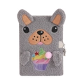 Cute grey plush dog A5 notebook with colorful cupcake embroidery and silver metal lock - Gray