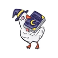 Cute white duck enamel pin with a purple witch hat and magic spell book accessory - Halloween Witch Hat Goose Pin