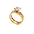 Minimalist gold titanium steel ring with wide geometric pattern and round solitaire zircon - US 6 / Gold Color Women Style - Zirconia Inlaid (KR86354-K)