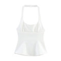 Sleeveless white halter top for women featuring front gathered detail and flared hem style - S / White