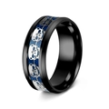 Macro shot of punk black steel ring with blue glitter inlay and silver skull details - Black Plated with Blue Glitter Skull