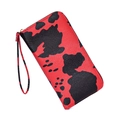 Red and black cow print long PU leather wallet with zipper closure and wrist strap - Red