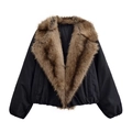 Women's black utility jacket featuring a large brown faux fur collar in a short casual style - XS / Dark Gray