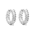 Close-up of eternity hoop earrings featuring baguette-cut zircon in silver prongs - Style D Pair / White Gold