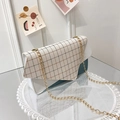 Women's plaid flap crossbody bag with deep teal leather trim and golden chain strap - Checkered Blue