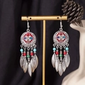 Bohemian dreamcatcher earrings in silver with colorful enamel beads and leaf tassels - S4289-1 Colorful Water Drop Fringe Earrings