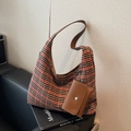 Houndstooth pattern shoulder bucket bag with brown leather straps and mini pouch - Houndstooth Khaki Mix
