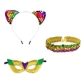 Set di tre pezzi di carnevale con cerchietto orecchie da gatto e maschera di paillettes - Fascia + Maschera + Choker / Colorato