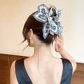 Detail of vintage paisley pattern bow hair claw clip styled on a classic bun hairstyle - Black and White Paisley Double-sided Bow Claw Clip