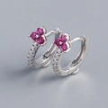 Luxury S925 sterling silver floral hoop earrings with red petals and white diamonds - 925 Silver / Platinum (Red Stone)