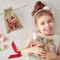 Three-piece set of burlap drawstring gift bags with gnome, XOXO and bear prints - LOVE Letter Style