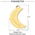 Detail of gold stainless steel moon pendant with Kissed Moon engraving and 24mm height info - Moon Kissed (VG958)