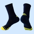 Navy blue mid-cut athletic crew socks with neon yellow arch support and R-mark detail - LR06 Navy Blue