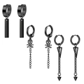 Three pairs of black stainless steel earrings featuring skull, triangle, and rectangle charms - Set 29 (Black - Rectangle Pendant/Skull Chain/Triangle Chain)