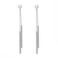 S925 silver tassel earrings featuring round white pearls and sparkling zircon fringes - GPE14 Full Zirconia Long Pearl Tassel Earrings / Silver