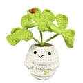 Handmade crochet potted clover with a ladybug and a motivational card on a white base - Ladybug Four-leaf Clover Potted