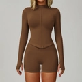 Ensemble de yoga sans couture marron avec veste zippée et short à taille haute - S / Haut Et Bas / Café Foncé