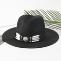 Cappello di paglia Panama nero con pietra turchese e fascia decorativa bohémien - M (56-58cm) / Nero