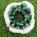 Christmas green plaid scrunchie with snowflake reindeer patterns and white fur trim edge - Small Snowflake Green