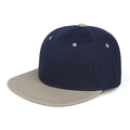 Detail of navy and grey flat brim baseball cap showing twill cotton texture and stitching - Grey Brim and Navy