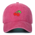 Vintage washed pink cotton baseball cap featuring detailed cherry embroidery decoration - Rose Red