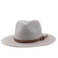 Close-up of light gray straw fedora with brown faux leather band and silver rivets - Gray