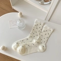 Bamboo fiber cream white polka dot socks with elegant mesh lace trim and rib texture - One Size / White