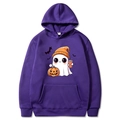 Purple Halloween hoodie for men and women featuring cartoon ghosts and pumpkin prints - Purple