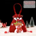 Christmas snowman drawstring gift bag in red burlap with plaid top and handle - Linen Style Christmas Snowman Bag