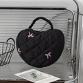 Quilted heart-shaped vanity bag in black fabric with pink bow embroidery detail - Black Fabric with Embroidered Bow