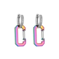 Detailed close-up of rainbow gradient carabiner earrings with sparkling zircon micro-pave - Small White Gold Rainbow 1 Pair