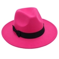 Detail of rose red wool felt fedora featuring a classic black ribbon bow accent - One Size / Rose Red