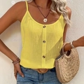 Women's yellow ribbed tank top with decorative brown buttons and thin shoulder straps - S / Yellow