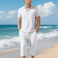 Herren-Set aus weißem Baumwoll-Leinen Polo-Shirt und kurzen Hosen für Sommer und Strandurlaub - S / Oberteil und Unterteil / Weiß