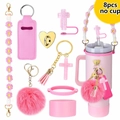 8pcs pink Stanley cup accessories set with glitter cross straw cover and silicone boot - Set 5 (Rose Red)