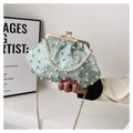 Elegant mint green pleated shell bag with white pearl accents and gold chain strap - Mint Green