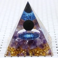 Amethyst crystal pyramid with gold foil and black sphere in transparent resin casing - 8cm / 22 Amethyst Hexagram