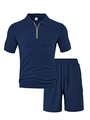 Detail van de marineblauwe poloset met honingraatstructuur en ritskraag design - S / Marineblauw